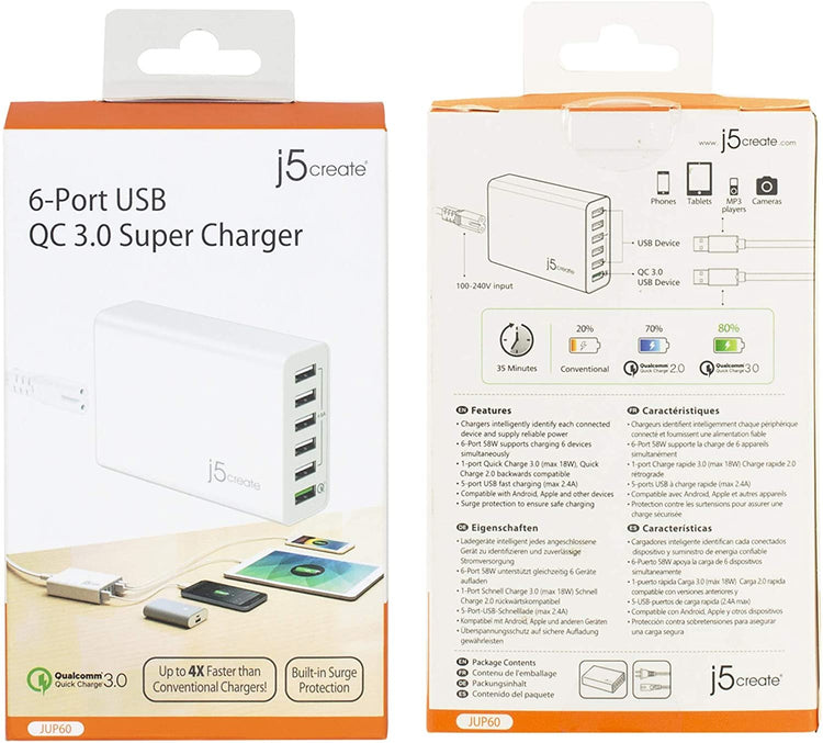 j5create USB Hub Powered Wall Charger- 6 Multi Port Charging Station for Multiple Devices | Quick Charge 3.0 USB Power Strip Desktop Charger Block Adapter for Office, Home or Travel