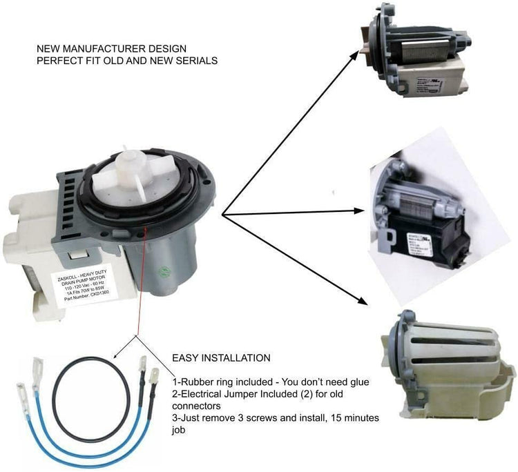 E-DrUS CKD1360 Washer Fits W10515399 Drain Pump Motor W10422971- ONLY Motor- 4 Impeller blades compatible with Maytag Heavy DUTY