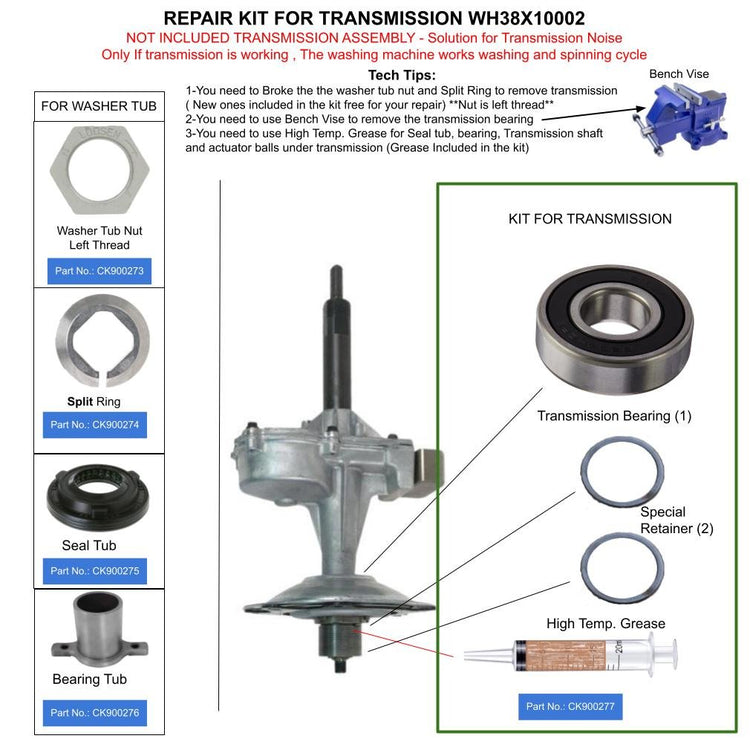 WH38X10002-KIT1 Washer Transmission Kit Repair - Kit Bearing, Rings Accessories, for WH38X10002-KIT1 -Solutions ONLY for Transmission Noise, if It is Washing and Spinning, it is Working