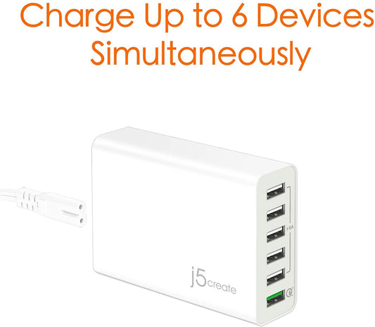 j5create USB Hub Powered Wall Charger- 6 Multi Port Charging Station for Multiple Devices | Quick Charge 3.0 USB Power Strip Desktop Charger Block Adapter for Office, Home or Travel