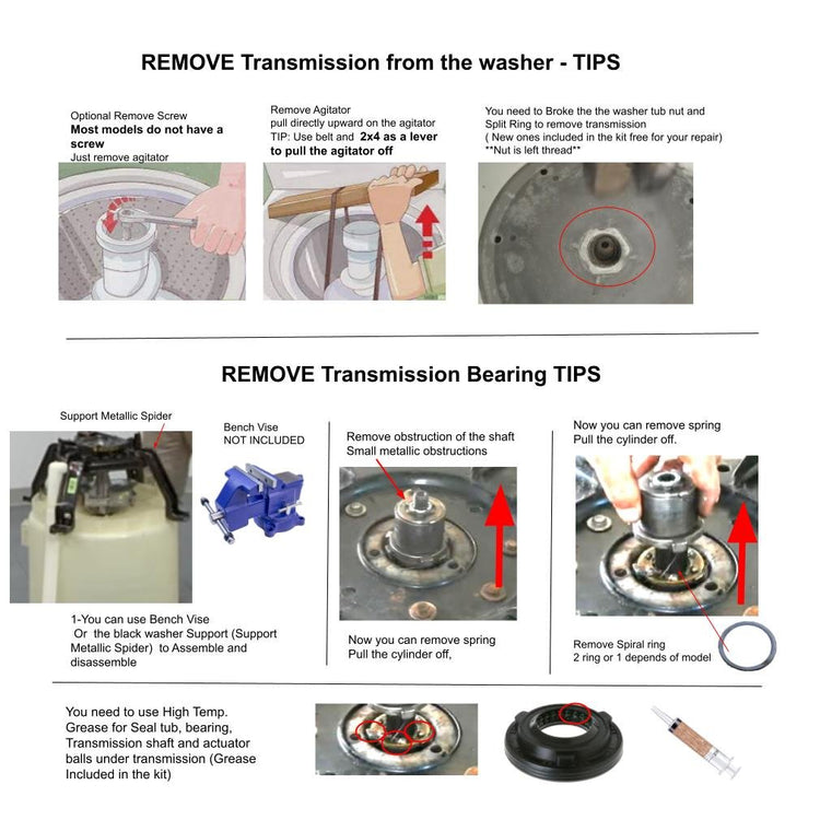 WH38X10002-KIT1 Washer Transmission Kit Repair - Kit Bearing, Rings Accessories, for WH38X10002-KIT1 -Solutions ONLY for Transmission Noise, if It is Washing and Spinning, it is Working