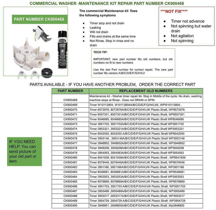 CK900468 KIT to FIX Washer stops at Rinse & not DRAIN compatible with Roper