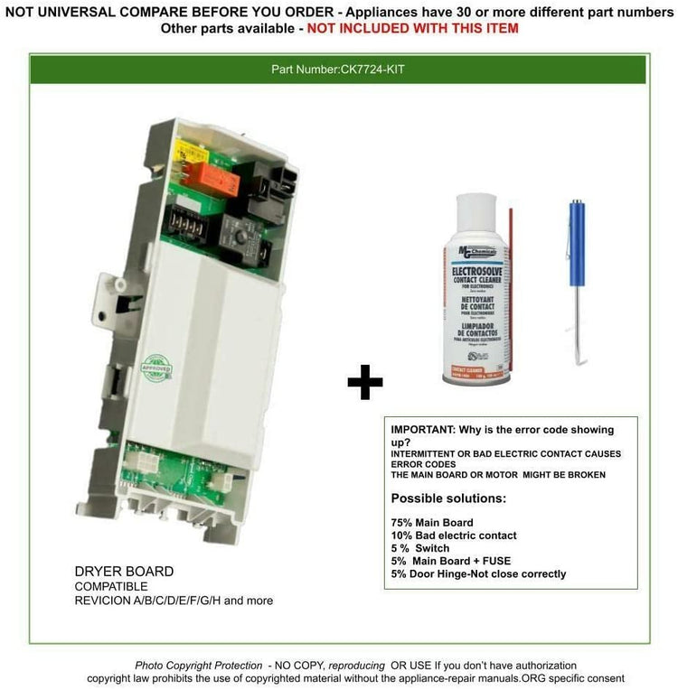 GlobPro CK7724 KIT Dryer Control Board WPW10111616 Rev Replacement for and compatible with Kenmore Whirlpool Heavy DUTY
