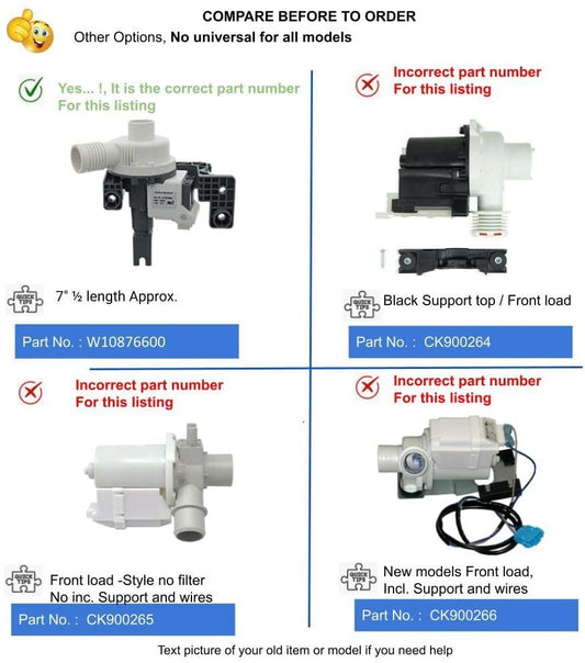 GlobPro W10876600 Washer Water Drain Pump 7" ½ length Approx. Replacement for and compatible with Kenmore Maytag Whirlpool Heavy DUTY