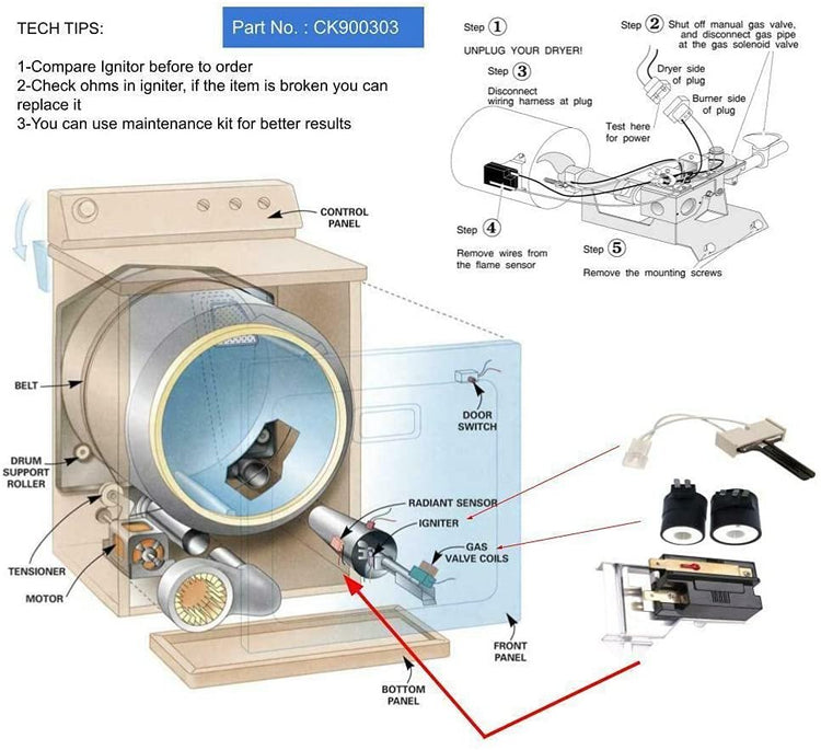 E-DrUS CK900342 Gas Dryer Compatible With Hotpoint GE RCA Gas Dryer Not Heating-Solution Igniter compatible with Heavy DUTY