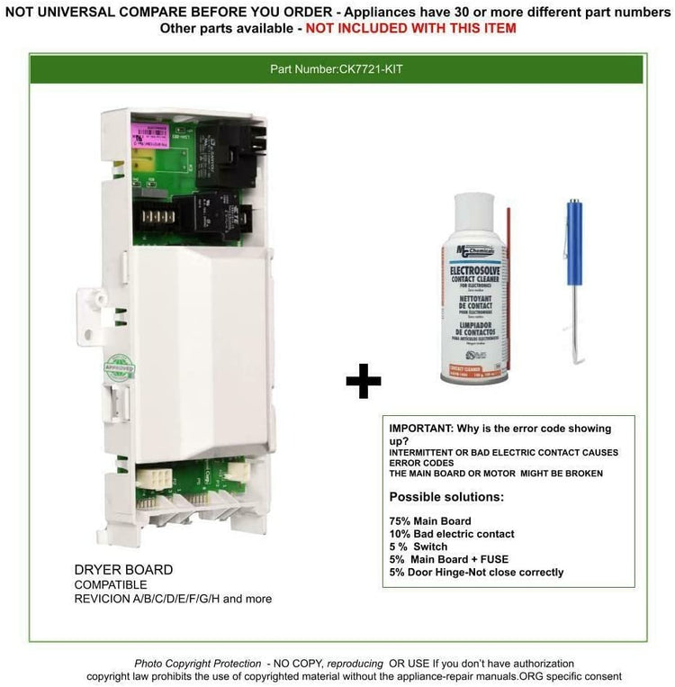 GlobPro CK7721 KIT Dryer Control Board AP601628 PS11749573 Rev Replacement for and compatible with Kenmore Heavy DUTY